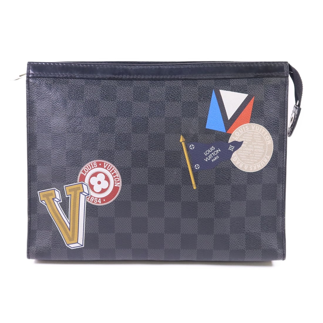 Pochette Voyage MM Damier Graphite Clutch with Silver Hardware by Louis Vuitton: Pochette Voyage MM Damier Graphite Clutch with Silver Hardware by Louis Vuitton This Louis Vuitton Pochette Voyage MM clutch bag is crafted from black Damier Graphite PVC coated canvas and features si