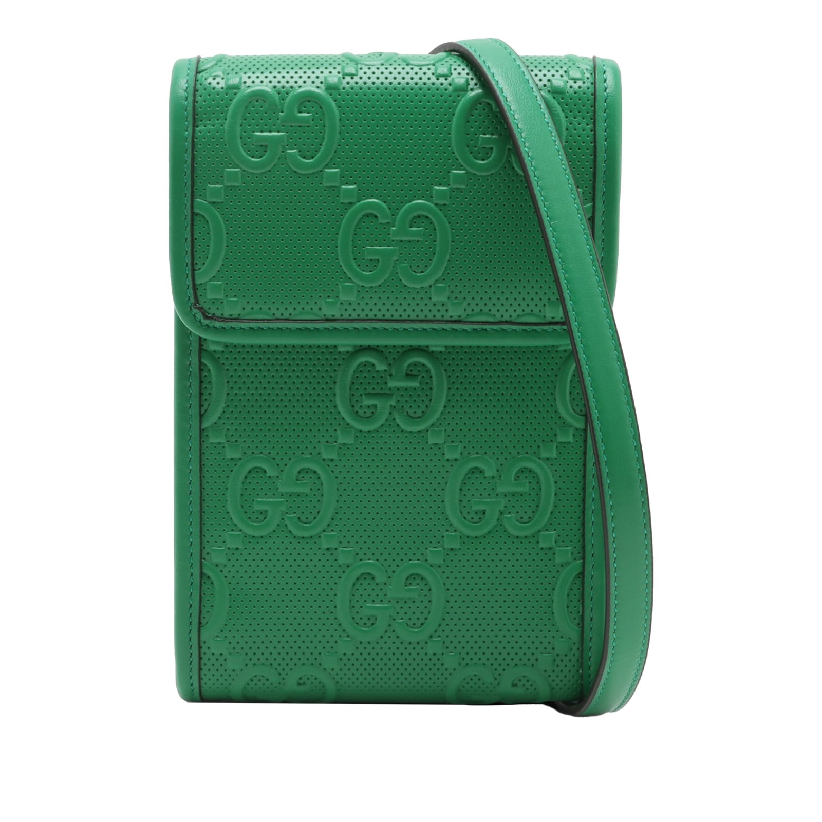 Green GG Embossed Leather Crossbody Bag by Gucci with Flap Closure: Green GG Embossed Leather Crossbody Bag by Gucci with Flap Closure This Gucci GG Embossed Flap Crossbody bag features a green GG embossed and perforated leather exterior with a flap closure, a flat le