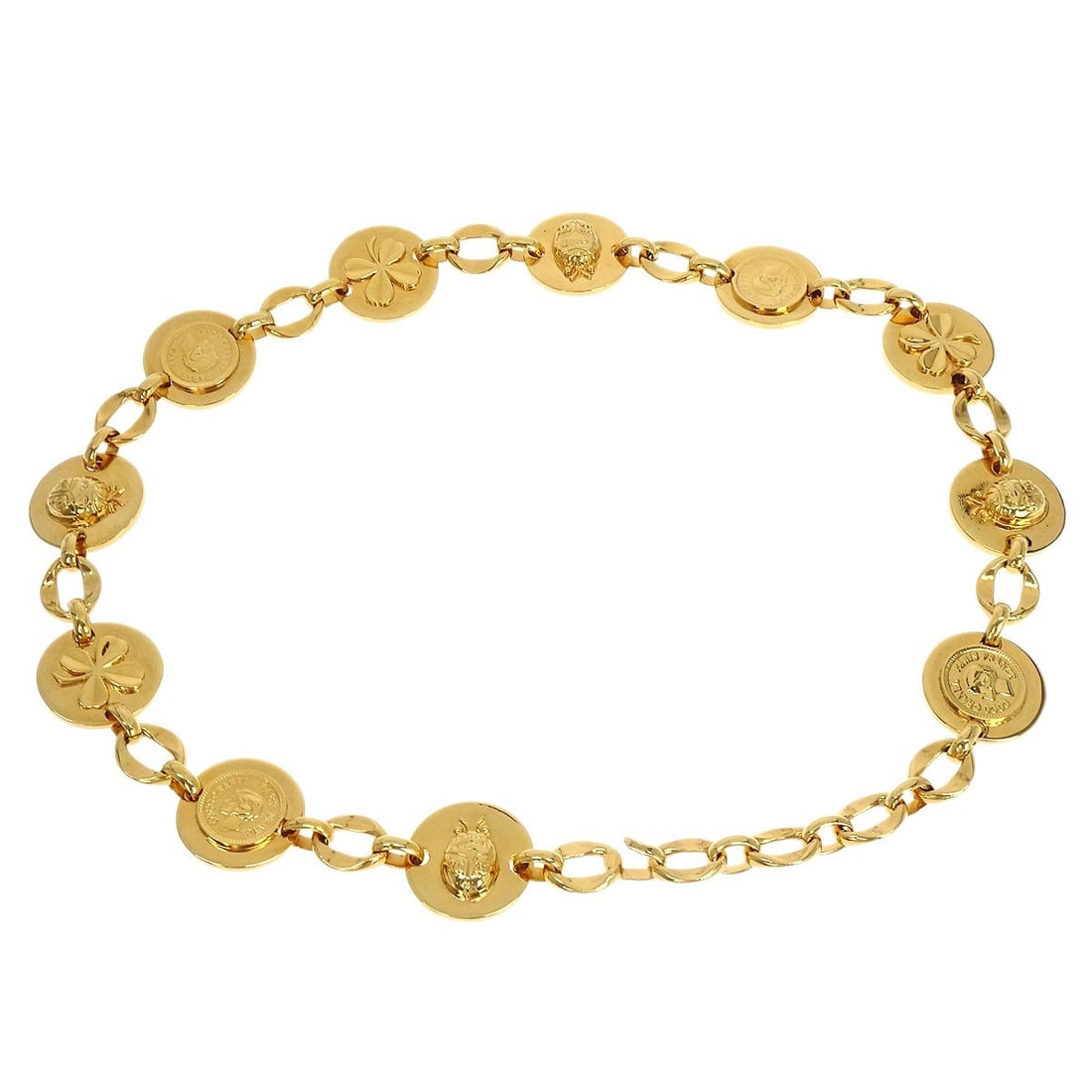 Chanel Gold-Plated Chain Belt with Iconic Medallion: Chanel Gold-Plated Chain Belt with Iconic Medallion This exquisite Chanel Chain Belt features an iconic medallion design crafted from gold-plated metal, offering a stylish accessory that can elevate a