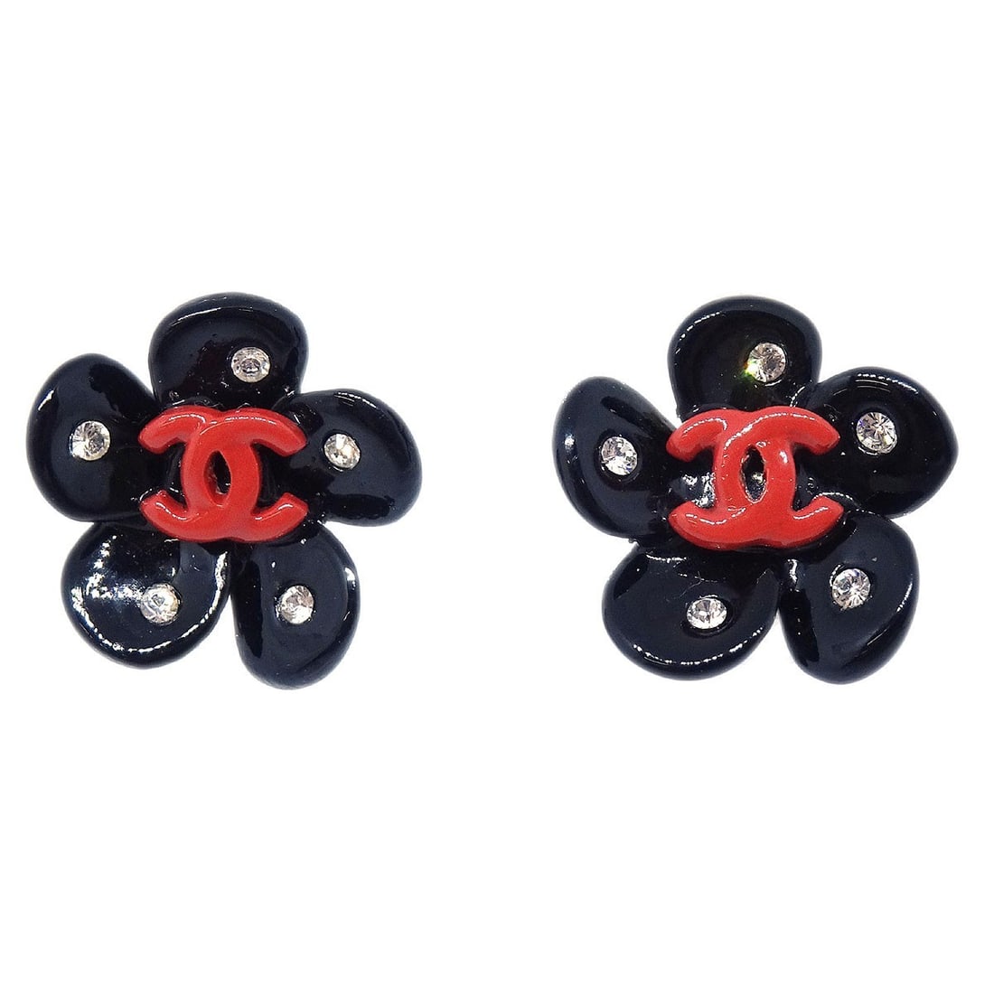 Gold Plated Chanel Camellia Black Pierced Earrings with Rhinestones 04P: Gold Plated Chanel Camellia Black Pierced Earrings with Rhinestones 04P These Chanel Camellia pierced earrings feature a classic camellia motif in black with rhinestone accents. Crafted from gold-plat