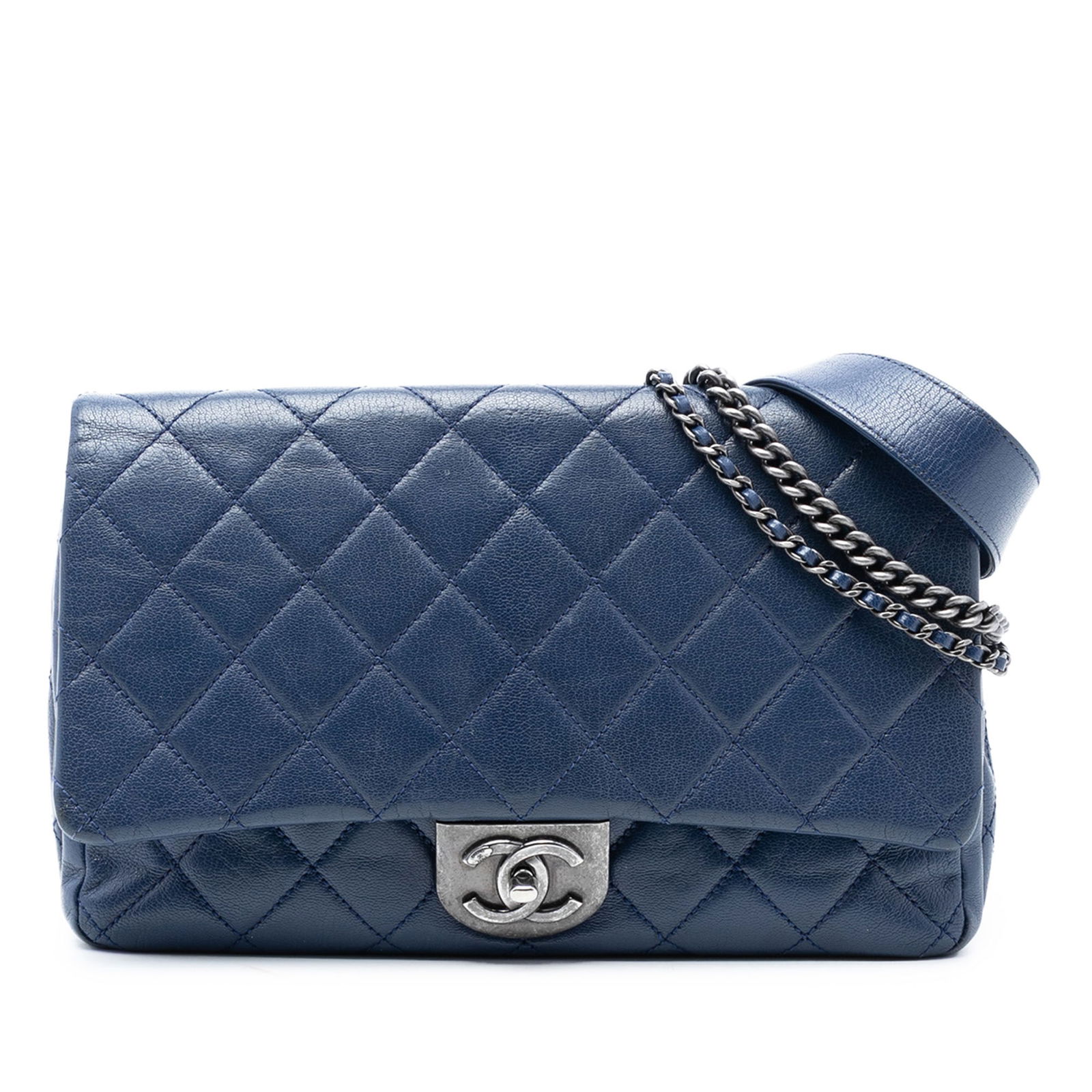 Chanel Quilted Goatskin Leather Blue Flap Bag with Waist and Chain Straps: Chanel Quilted Goatskin Leather Blue Flap Bag with Waist and Chain Straps This Chanel Large Quilted Goatskin Double Carry Waist Chain Flap bag features a quilted goatskin leather body in blue, complem
