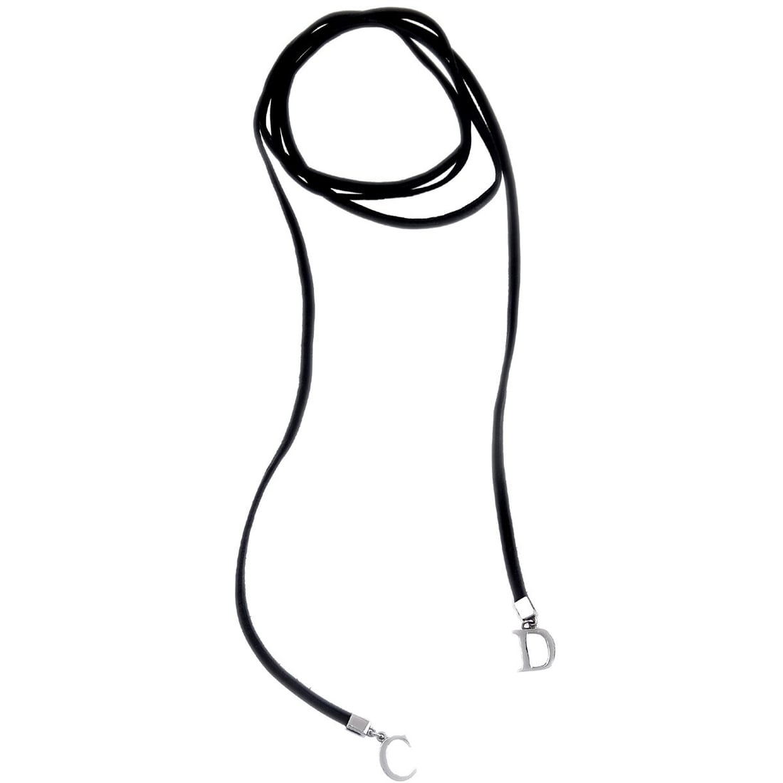 Dior Black Leather Choker Necklace With Silver Plated Accents: Dior Black Leather Choker Necklace With Silver Plated Accents This Christian Dior choker necklace features a sleek black leather band complemented by silver plated metal accents. Its contemporary chok