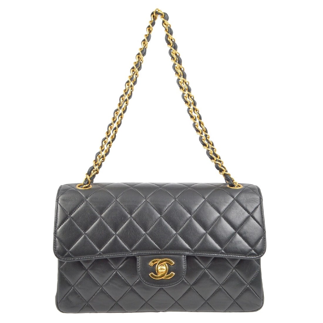 Chanel Black Lambskin Double Sided Classic Flap Shoulder Bag: Chanel Black Lambskin Double Sided Classic Flap Shoulder Bag Introducing the Chanel Black Lambskin Double Sided Classic Flap Shoulder Bag, a medium-sized accessory perfect for casual occasions. This s