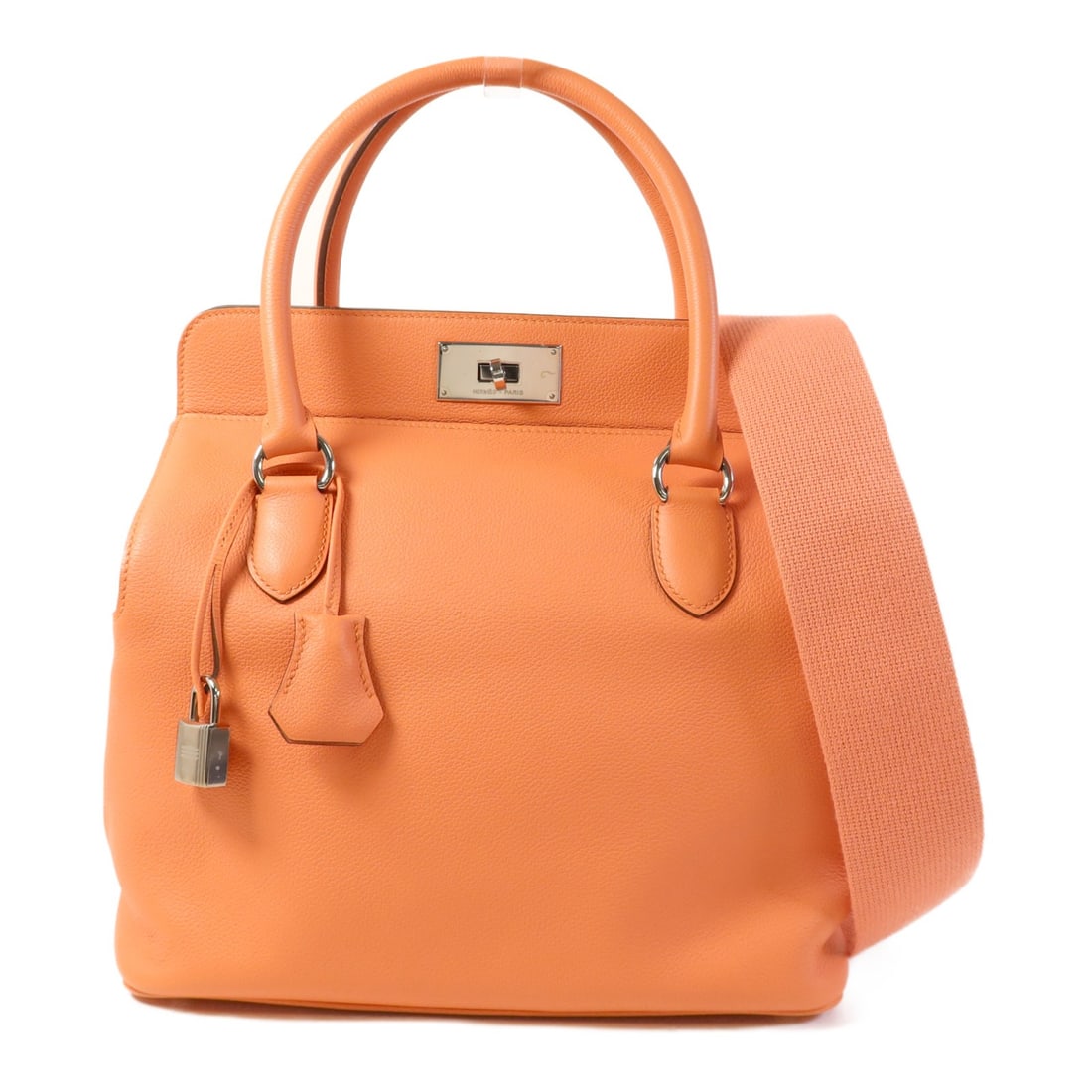 HERMES Tool Box 26 Flamingo Swift Leather Shoulder Bag: HERMES Tool Box 26 Flamingo Swift Leather Shoulder Bag Elevate your style with this exquisite HERMES Tool Box 26 2 Way Shoulder Bag, crafted from luxurious swift leather in a stunning flamingo shade.