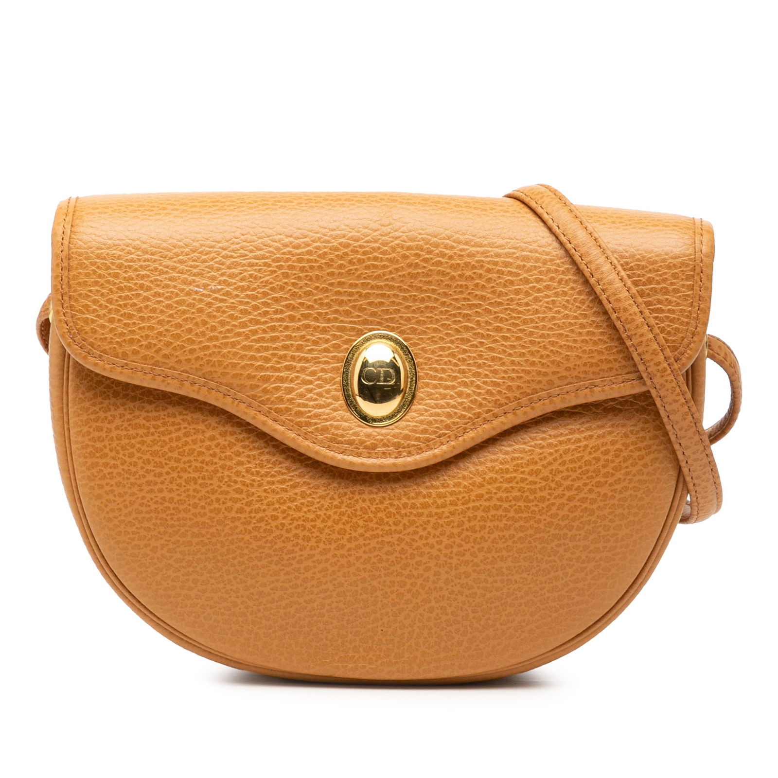 Dior Brown Pebbled Leather Crossbody Bag with Flap Closure: Dior Brown Pebbled Leather Crossbody Bag with Flap Closure This Dior Pebbled Leather Crossbody bag features a brown leather exterior with a flat strap and a front flap secured by a magnetic snap butto