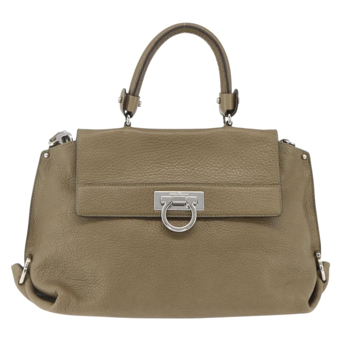 Sofia Satchel Khaki Grainy Leather Bag by Salvatore Ferragamo: Sofia Satchel Khaki Grainy Leather Bag by Salvatore Ferragamo This Salvatore Ferragamo Sofia Satchel is crafted from grainy leather in a khaki color. Designed for women, it features both a handle and