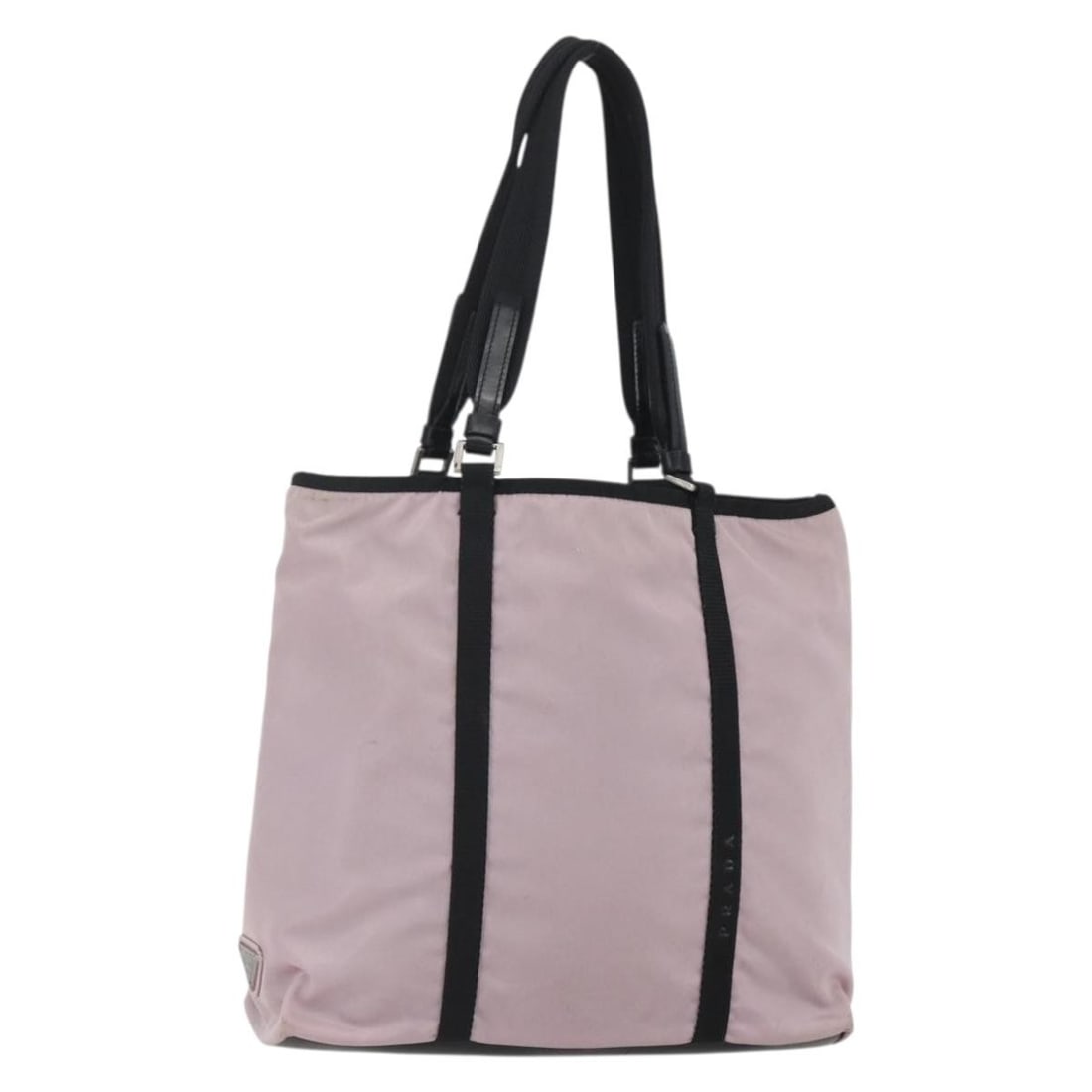 Prada Pink Nylon Vintage Tote Bag 28cm x 27cm x 10cm: Prada Pink Nylon Vintage Tote Bag 28cm x 27cm x 10cm This vintage Prada tote bag for women features a pink nylon exterior with a spacious design. It shows signs of wear, including surface rubbing, los
