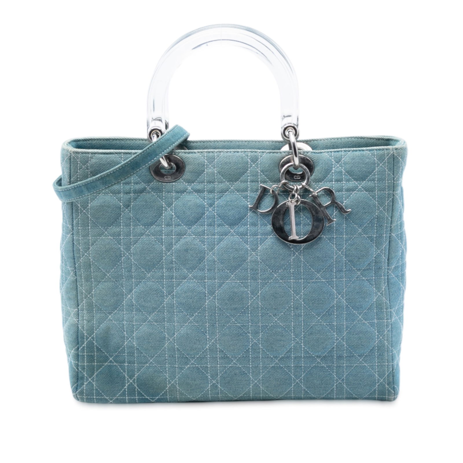 Lady Dior Blue Denim Cannage Bag with Acrylic Top Handles: Lady Dior Blue Denim Cannage Bag with Acrylic Top Handles This Lady Dior satchel features a quilted denim body with flat acrylic top handles and a detachable flat denim strap. It is equipped with a to