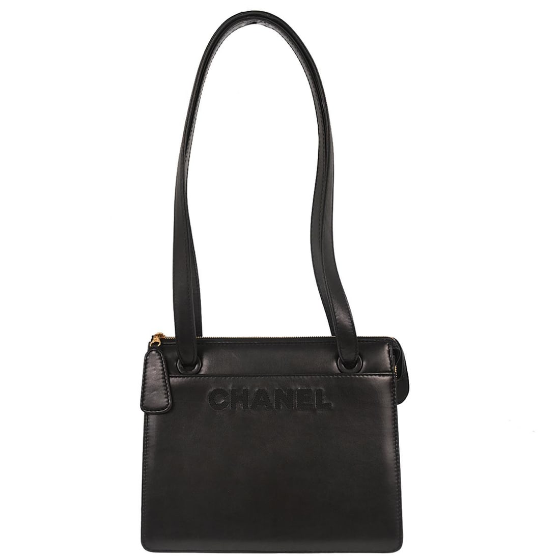 Chanel Medium Black Leather Shoulder Bag with Strap: Chanel Medium Black Leather Shoulder Bag with Strap This Chanel shoulder bag is crafted from black calfskin leather and features a medium-sized silhouette with a shoulder strap handle. The exterior sh