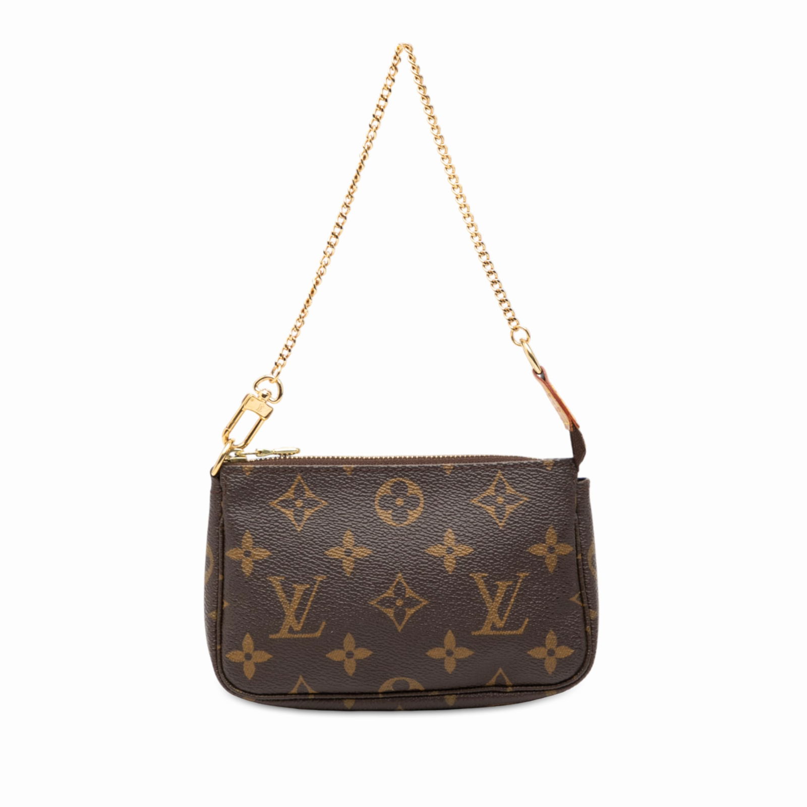 Louis Vuitton Mini Pochette Handbag in Monogram Canvas with Chain Strap: Louis Vuitton Mini Pochette Handbag in Monogram Canvas with Chain Strap This Louis Vuitton Mini Pochette Accessoires showcases the iconic monogram canvas and features a chain link strap with a top zip