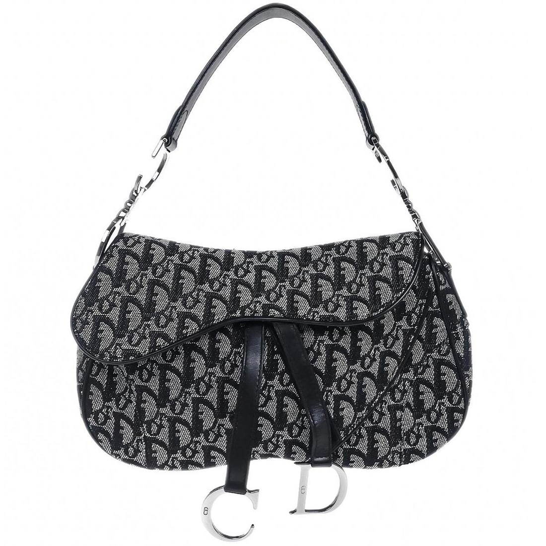 Dior Saddle Double Trotter Black Canvas Leather Shoulder Bag RU1002: Dior Saddle Double Trotter Black Canvas Leather Shoulder Bag RU1002 This Christian Dior Black Trotter Double Saddle handbag features a medium-sized silhouette crafted from canvas leather in black. The