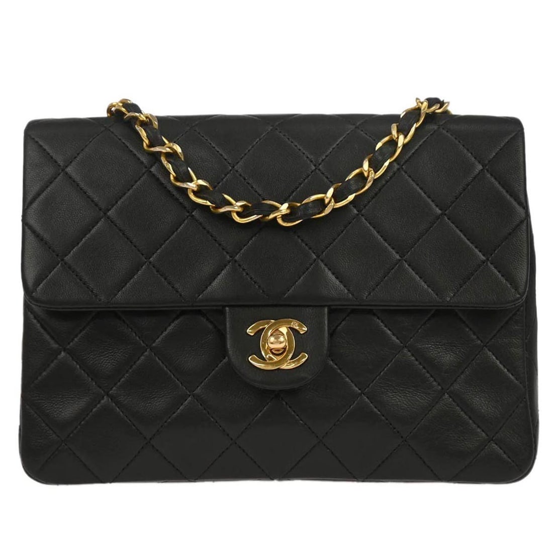 Chanel Classic Flap Small Black Quilted Lambskin Crossbody Shoulder Bag: Chanel Classic Flap Small Black Quilted Lambskin Crossbody Shoulder Bag This Chanel Classic Square Flap Shoulder Bag is crafted from black lambskin leather with a matelasse quilted pattern. The bag fe