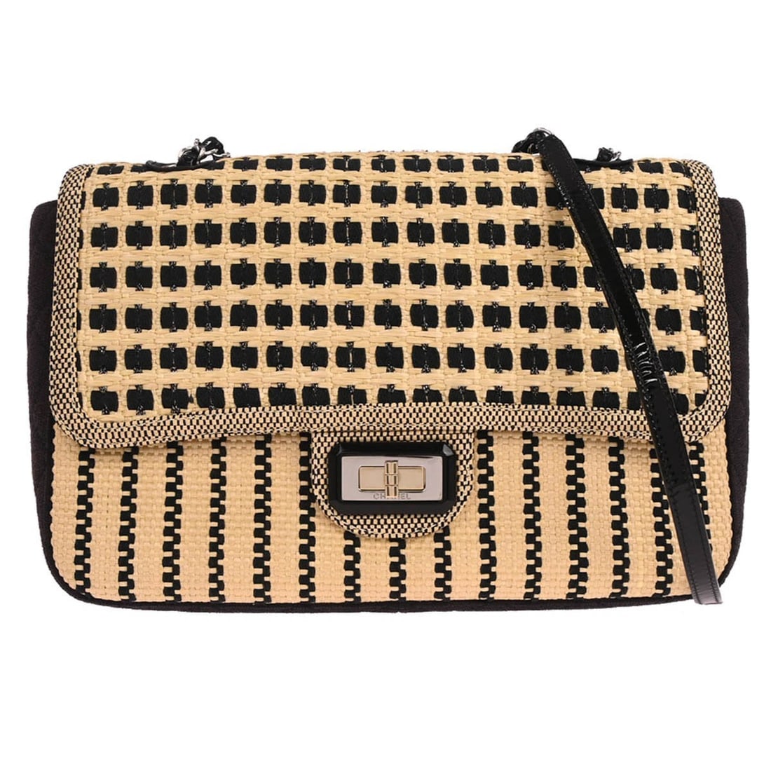 Chanel Jumbo Mademoiselle Lock Beige Raffia Quilted Shoulder Bag: Chanel Jumbo Mademoiselle Lock Beige Raffia Quilted Shoulder Bag This Chanel Jumbo Mademoiselle Lock shoulder bag features a beige raffia exterior with quilted accents and a flap turnlock closure. Des