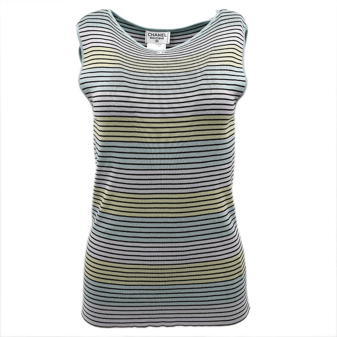 Chanel Multicolor Sleeveless Tank Top 100% Cotton Size 46: Chanel Multicolor Sleeveless Tank Top 100% Cotton Size 46 Elevate your casual summer wardrobe with this stylish Chanel sleeveless top. Featuring a vibrant multicolor design, this tank top is crafted f