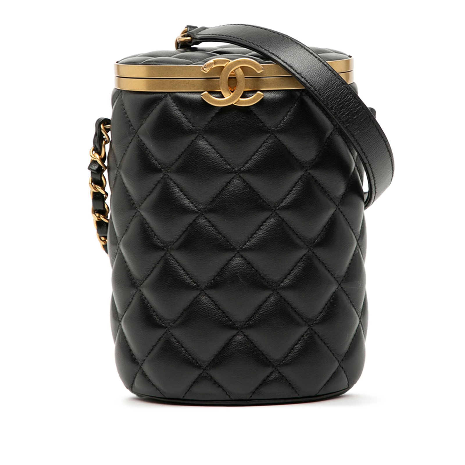Black Chanel Crown Box Small Quilted Lambskin Leather Crossbody Bag: Black Chanel Crown Box Small Quilted Lambskin Leather Crossbody Bag This Chanel Small Quilted Lambskin Crown Box Bag is crafted from black quilted lambskin leather and features a woven leather chain s