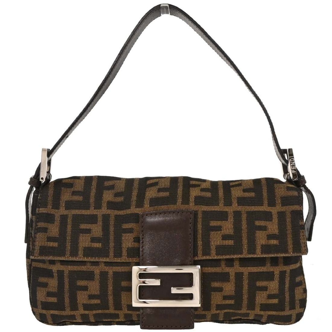 Fendi Brown Zucca Baguette Handbag 3505/26424/008 with Silver Hardware: Fendi Brown Zucca Baguette Handbag 3505/26424/008 with Silver Hardware Introducing the Fendi Brown Zucca Baguette Handbag, an elegant accessory perfect for casual outings. This medium-sized handbag fe