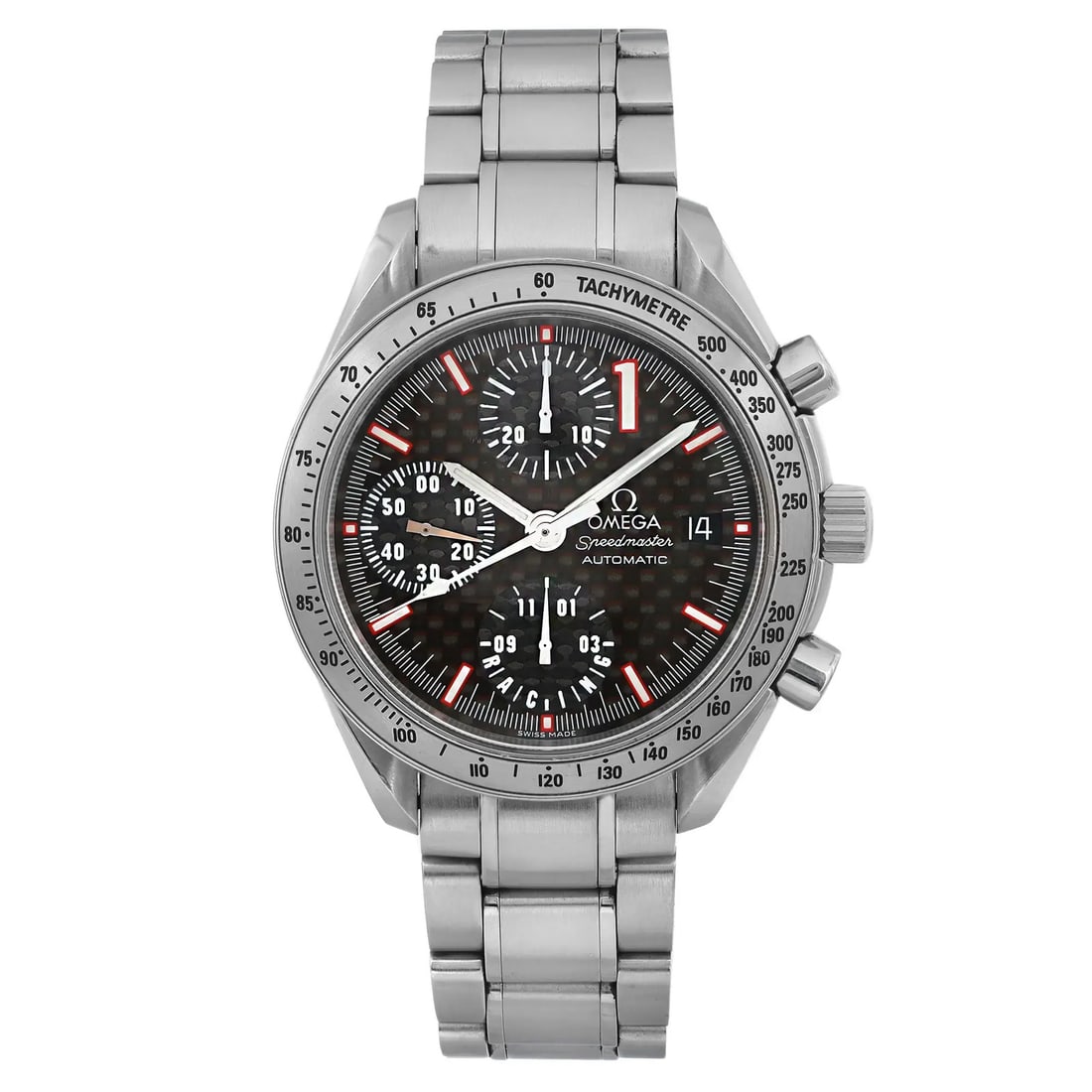 Omega Speedmaster Michael Schumacher Limited Edition Automatic Watch 3519.50.00: Omega Speedmaster Michael Schumacher Limited Edition Automatic Watch 3519.50.00 Experience the precision and style of the Omega Speedmaster Michael Schumacher edition, featuring a striking black carbo