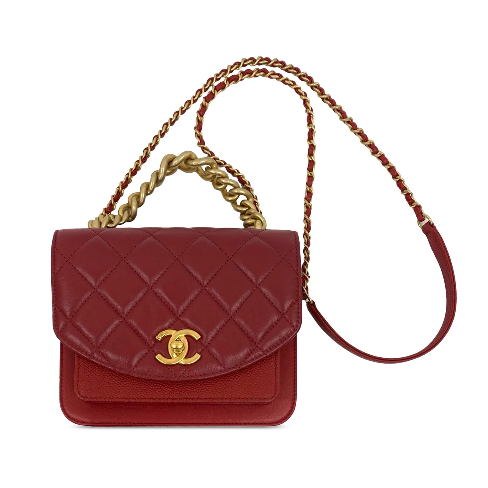 Mini Red Leather Satchel with Chain Top Handle by Chanel: Mini Red Leather Satchel with Chain Top Handle by Chanel This Chanel Mini Quilted Calfskin and Caviar Chain Handle Flap bag features a luxurious red leather body with quilted detailing. It is designed