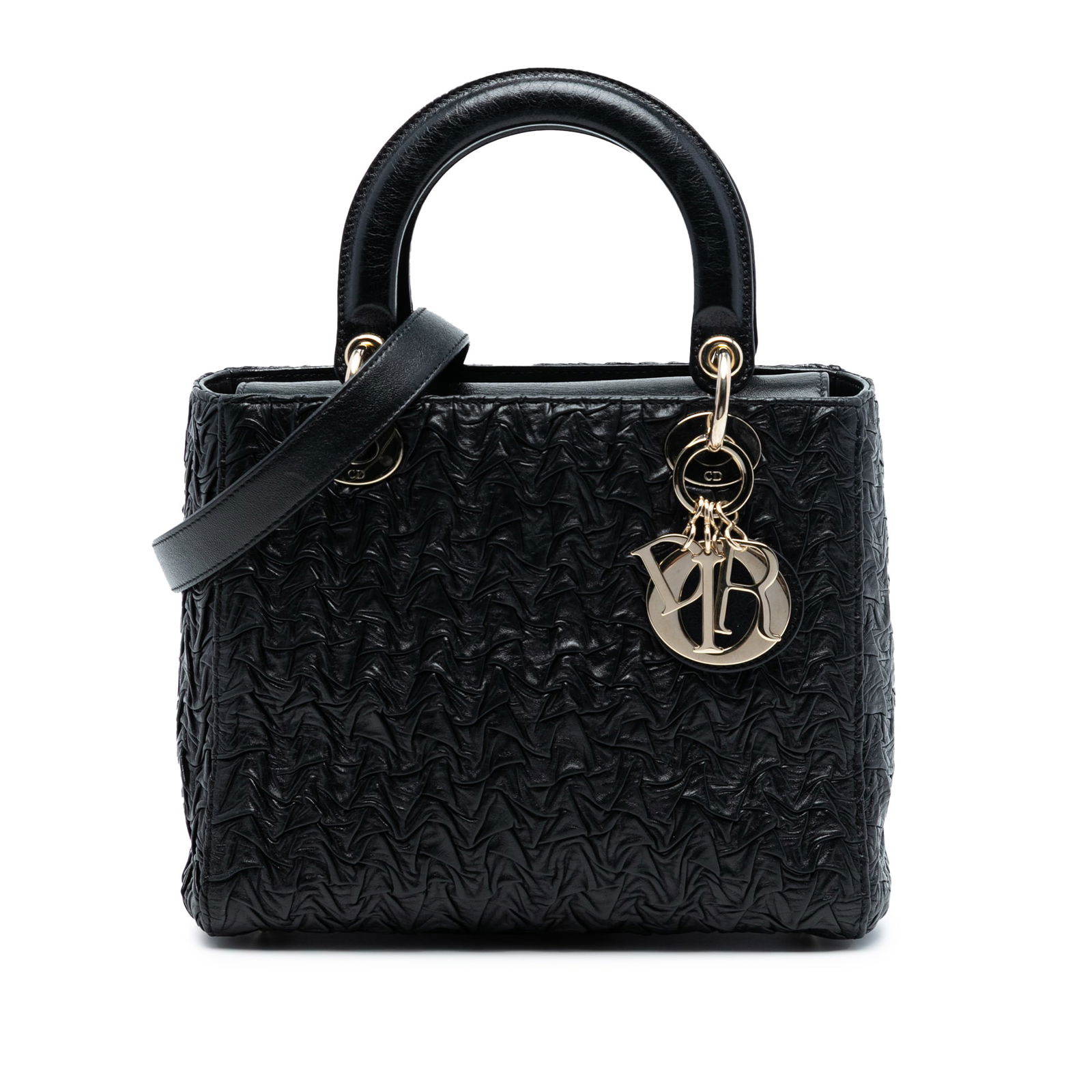 Dior Lady Dior Medium Black Wavy Crinkled Lambskin Bag with Chain Strap: Dior Lady Dior Medium Black Wavy Crinkled Lambskin Bag with Chain Strap This Medium Wavy Crinkled Lambskin Lady Dior features a pleated black leather body with flat handles, a detachable chain strap,