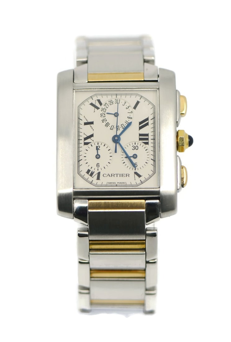 Cartier Tank W51004Q4 Chronograph Quartz 28mm Steel and Gold Wristwatch With Papers: Cartier Tank W51004Q4 Chronograph Quartz 28mm Steel and Gold Wristwatch With Papers This Cartier Tank Chronograph wristwatch features a 28 mm rectangular stainless steel case and a silver dial. It is
