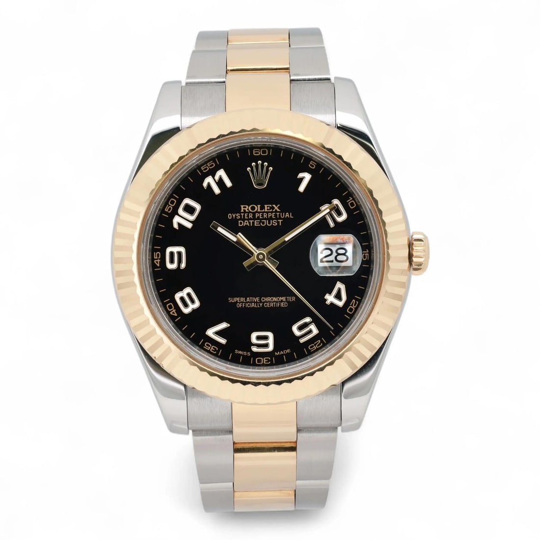 Datejust II 41mm Black Dial Automatic Wristwatch 116333 Steel and 18K Gold: Datejust II 41mm Black Dial Automatic Wristwatch 116333 Steel and 18K Gold This Rolex Datejust II wristwatch features a 41mm polished stainless steel case with an 18K yellow gold fixed bezel and a bla