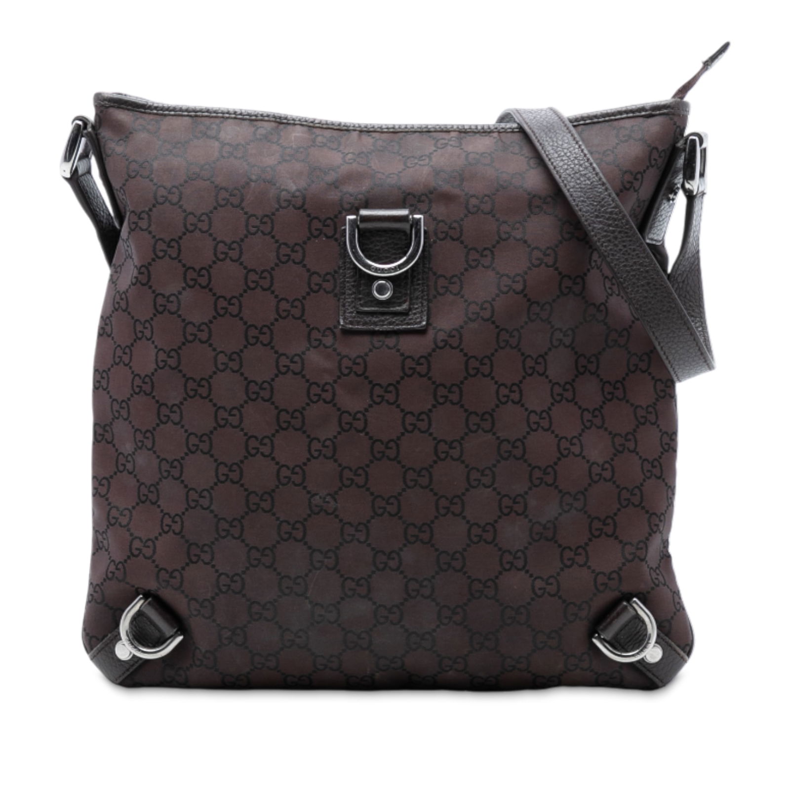 GG Nylon Abbey D Ring Brown Crossbody Bag by Gucci: GG Nylon Abbey D Ring Brown Crossbody Bag by Gucci This Gucci GG Nylon Abbey D Ring Crossbody bag features a brown nylon body with leather trim and an adjustable flat leather strap. It offers a top zi