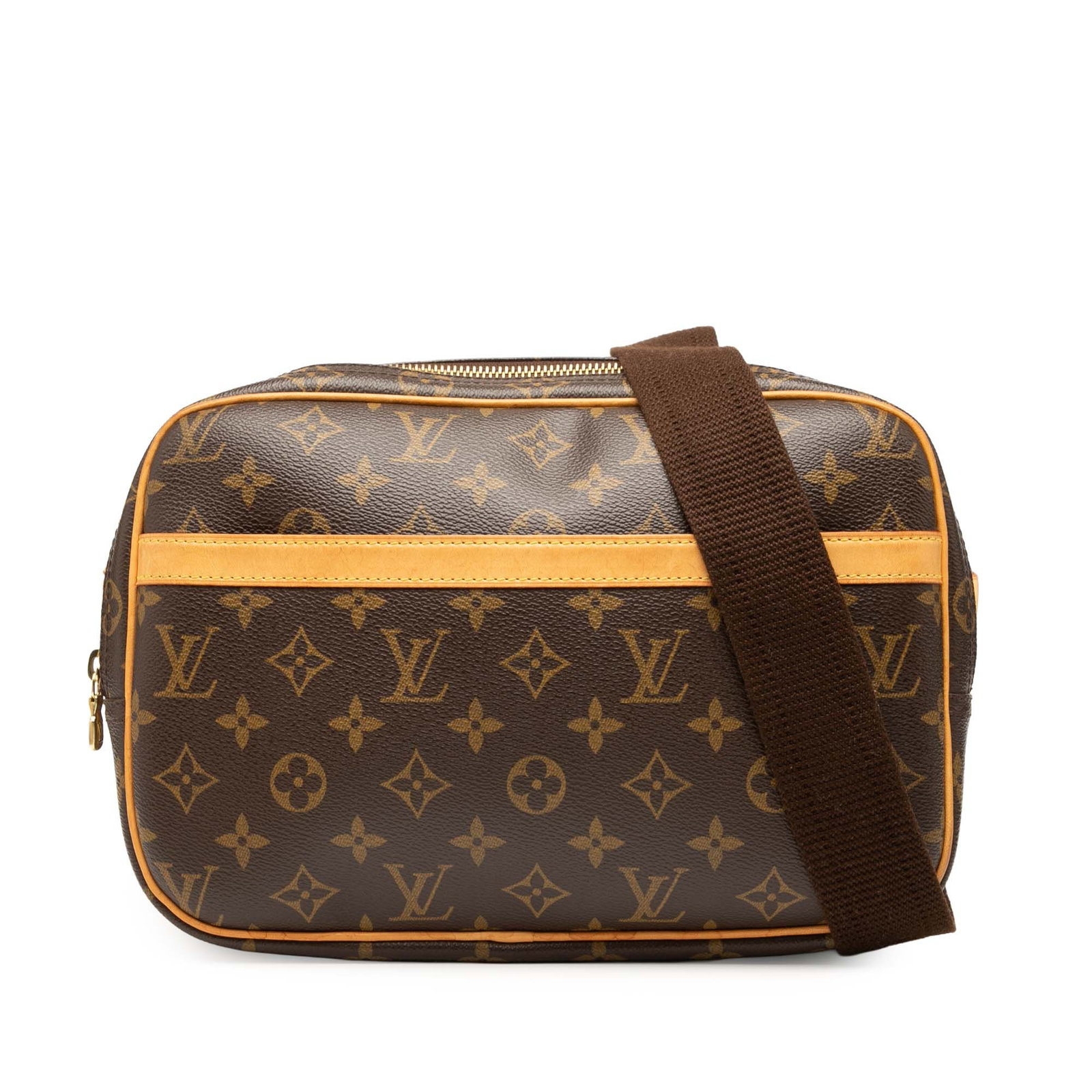 Louis Vuitton Monogram Reporter PM Small Brown Canvas Shoulder Bag: Louis Vuitton Monogram Reporter PM Small Brown Canvas Shoulder Bag The Louis Vuitton Monogram Reporter PM features a monogram canvas body with vachetta leather trim, an exterior front slip pocket, an