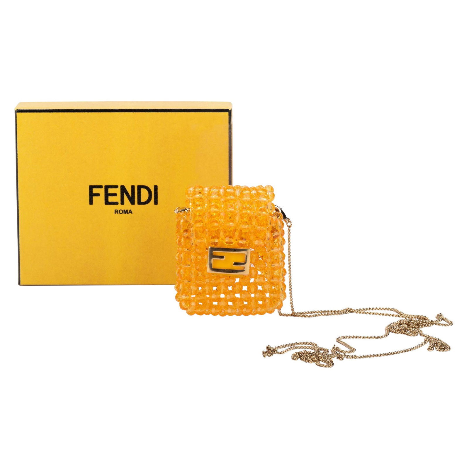Fendi Pico Baguette Orange Beads Gold Hardware 21st Century: Fendi Pico Baguette Orange Beads Gold Hardware 21st Century Introducing the Fendi Pico Baguette, a stylish accessory crafted from pale orange plastic beads, enhanced with elegant gold hardware. This c