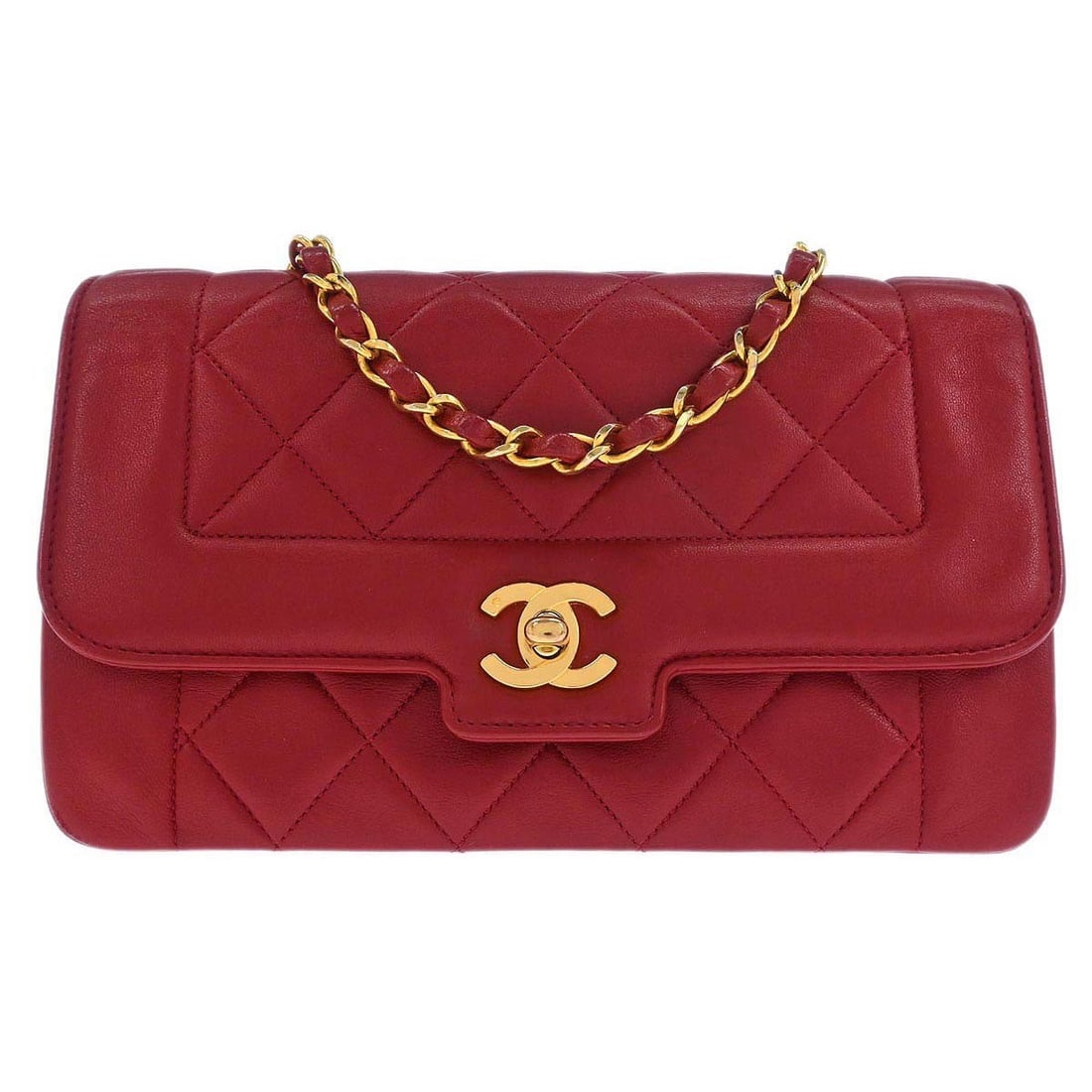 Red Lambskin Matelasse Small Shoulder Bag with Chain Strap by Chanel: Red Lambskin Matelasse Small Shoulder Bag with Chain Strap by Chanel This Chanel red lambskin shoulder bag features a classic matelasse quilted pattern with a flap turnlock closure. Designed in a smal
