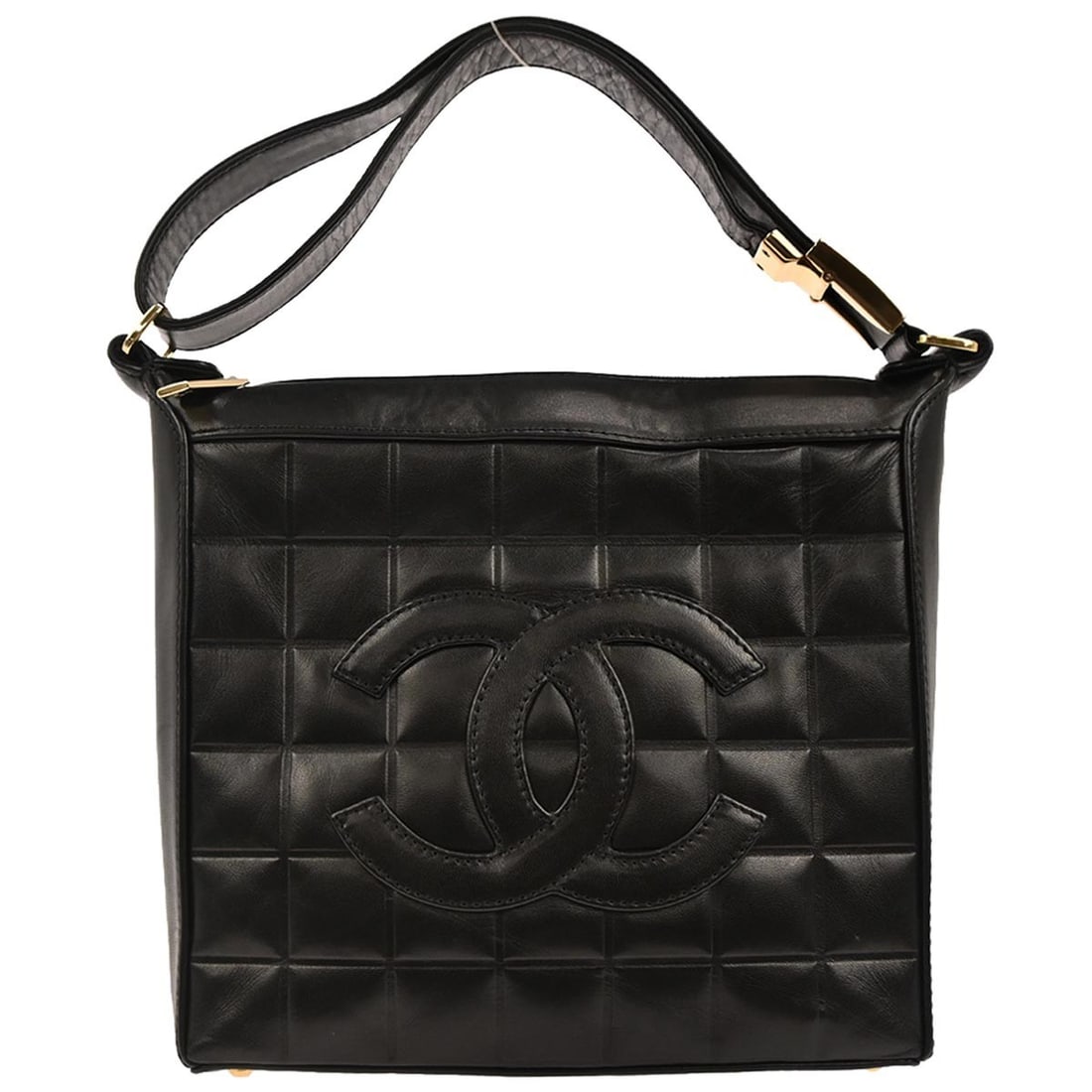 Black Lambskin Choco Bar Top Handle Bag by Chanel: Black Lambskin Choco Bar Top Handle Bag by Chanel This Chanel Choco Bar handbag is crafted from black lambskin leather and features a medium-sized top handle design. It is equipped with a zip closure