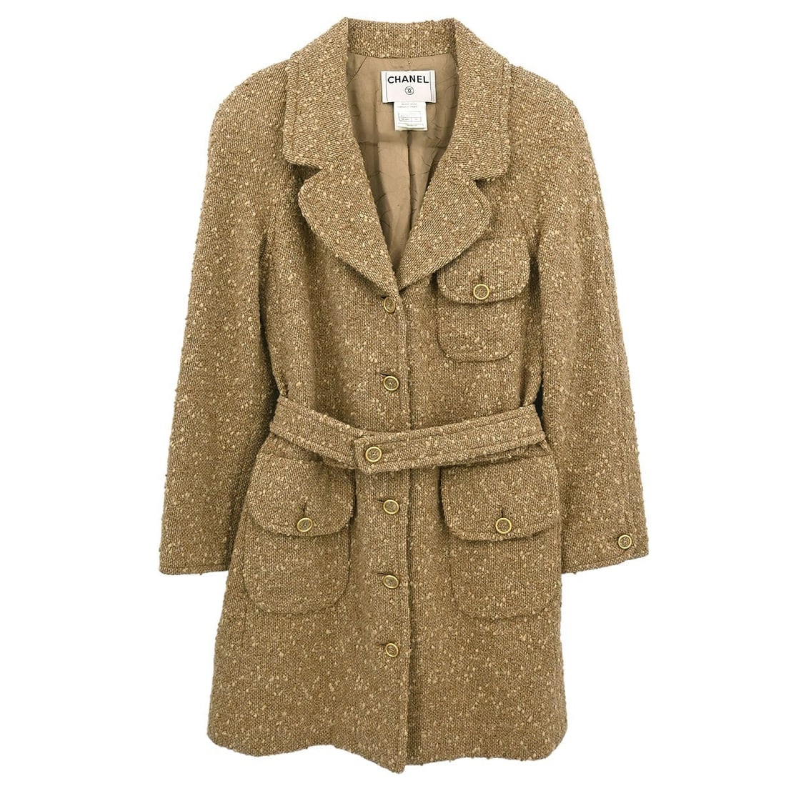 Chanel Vintage Beige Single Breasted Overcoat Size 38: Chanel Vintage Beige Single Breasted Overcoat Size 38 This elegant Chanel single-breasted coat, designed for casual winter occasions, features a mid-length cut and is crafted from a luxurious blend of