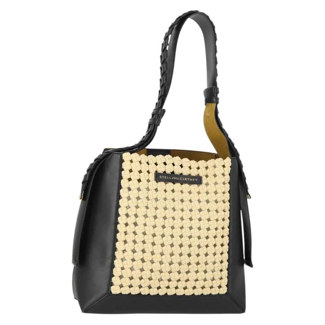 Beige Leather Shoulder Bag by Stella McCartney with Gold Accents: Beige Leather Shoulder Bag by Stella McCartney with Gold Accents This Stella McCartney shoulder bag features a beige and gold leather exterior crafted in Italy. It includes a shoulder strap with an 11