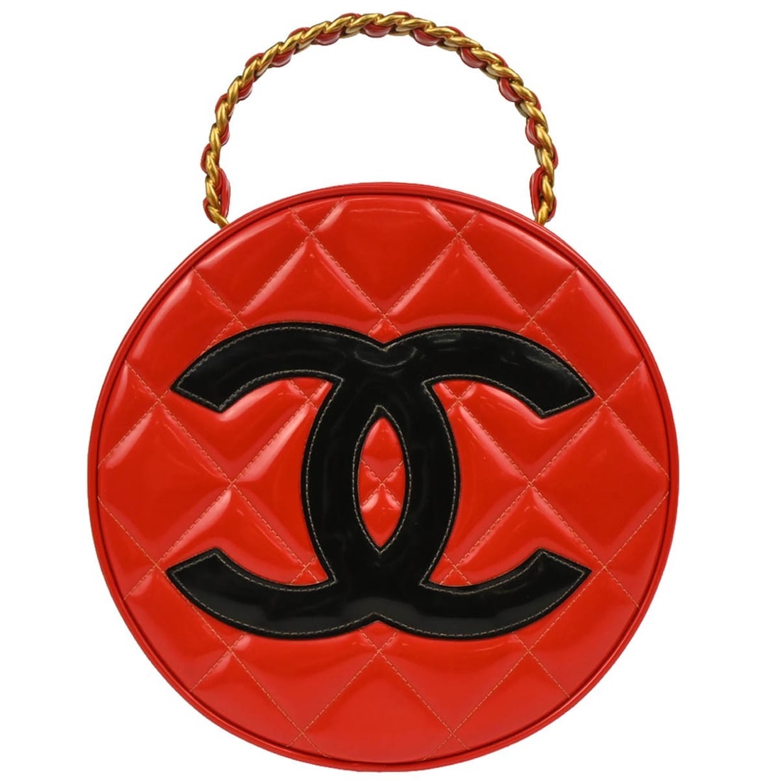 Quilted Matelasse Vanity Bag in Red Patent Leather with Chain Strap by Chanel: Quilted Matelasse Vanity Bag in Red Patent Leather with Chain Strap by Chanel This Chanel vanity handbag features a round silhouette crafted from red patent leather with a signature matelasse quilted