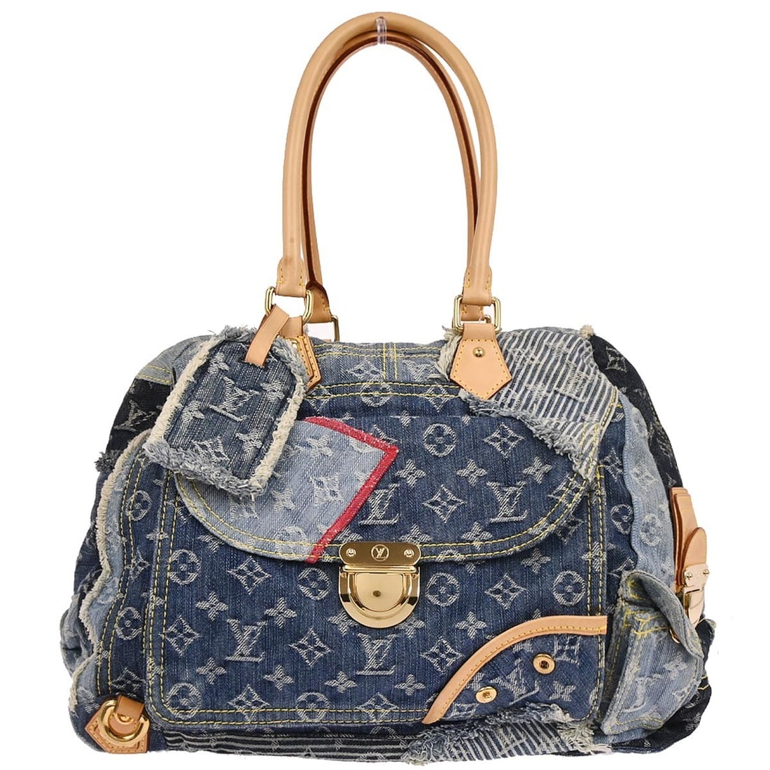 Louis Vuitton Bowly Blue Denim Monogram Patchwork Large Handbag M95376: Louis Vuitton Bowly Blue Denim Monogram Patchwork Large Handbag M95376 This Louis Vuitton Bowly handbag features a blue monogram denim exterior with beige handles and a canvas-lined interior in black.