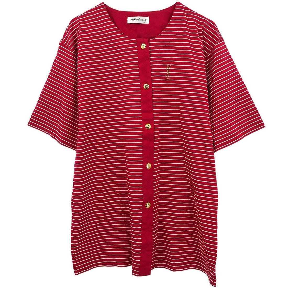 Yves Saint Laurent Red Short Sleeve Striped Top M: Yves Saint Laurent Red Short Sleeve Striped Top M Elevate your casual wardrobe with this chic red button-up top from Yves Saint Laurent. Featuring a classic striped pattern and short sleeves, this top