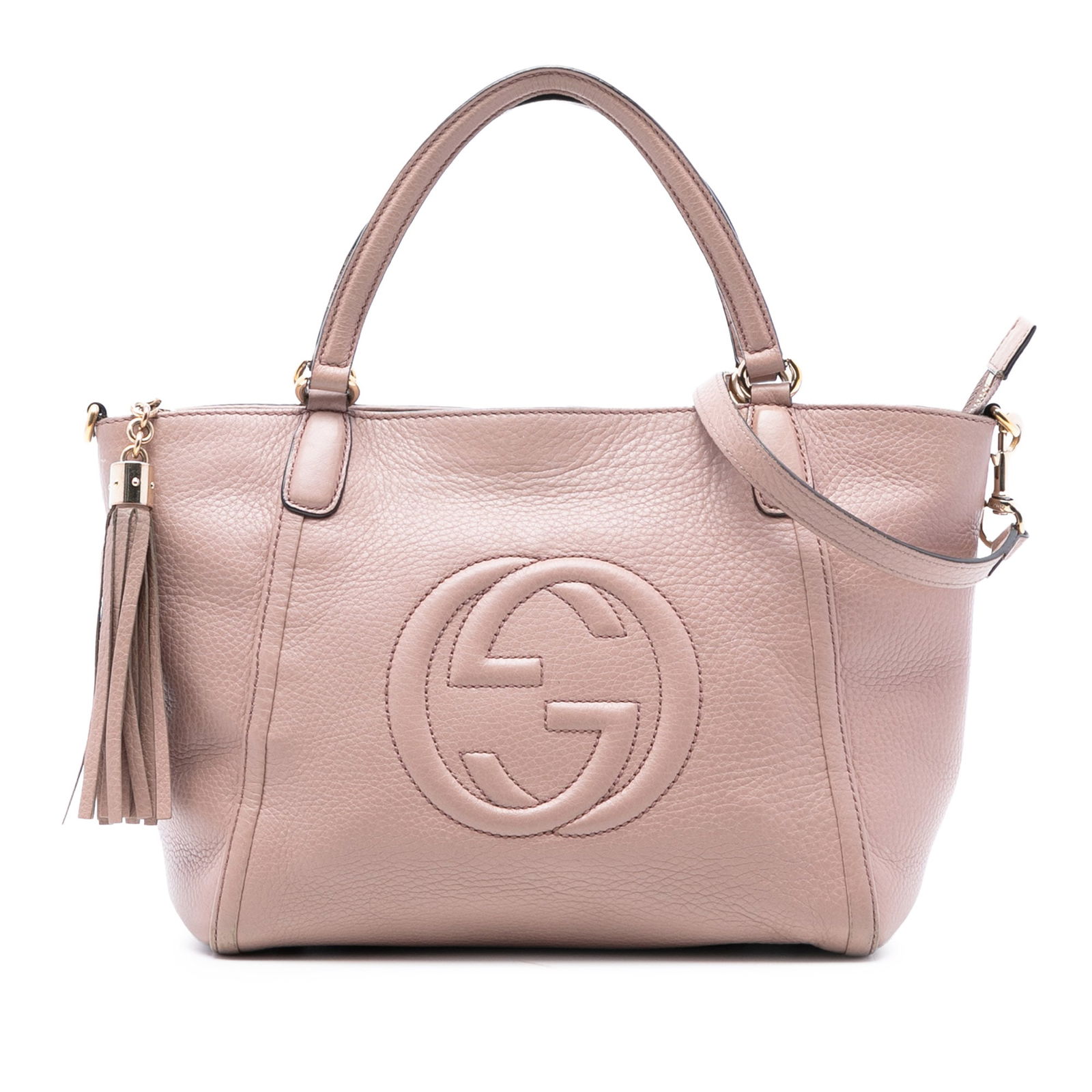 Gucci Soho Cellarius Pink Leather Small Satchel with Tassel and Strap: Gucci Soho Cellarius Pink Leather Small Satchel with Tassel and Strap This Gucci Small Calfskin Soho Cellarius Satchel showcases a pink leather exterior with flat leather handles, a detachable flat st