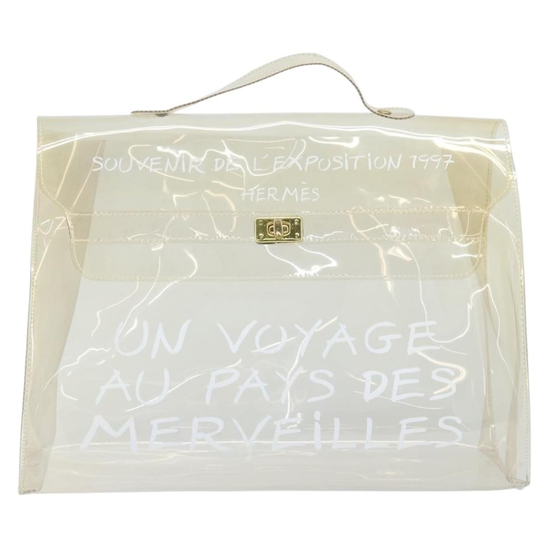 Clear Vinyl Hermes Kelly 36cm Handbag Plastic Material: Clear Vinyl Hermes Kelly 36cm Handbag Plastic Material This Hermes Kelly handbag for women features a clear plastic design with a structured silhouette. It shows signs of wear including surface deform
