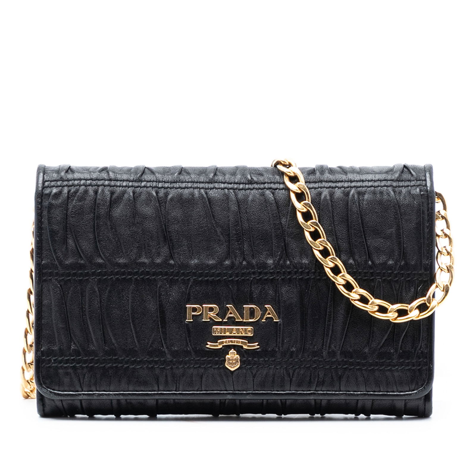 Black Prada Nappa Gaufre Leather Chain Wallet with Detachable Strap: Black Prada Nappa Gaufre Leather Chain Wallet with Detachable Strap This Prada Nappa Gaufre Wallet On Chain is crafted from nappa leather and features a black exterior with a detachable silver-tone cu