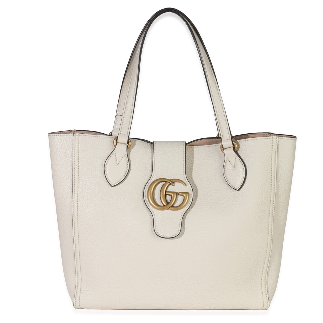 White Leather GG Marmont Tote Bag by Gucci with Pochette: White Leather GG Marmont Tote Bag by Gucci with Pochette This Gucci GG Marmont tote is crafted from white calfskin leather and features gold-tone hardware. The bag is designed with a magnetic snap clo
