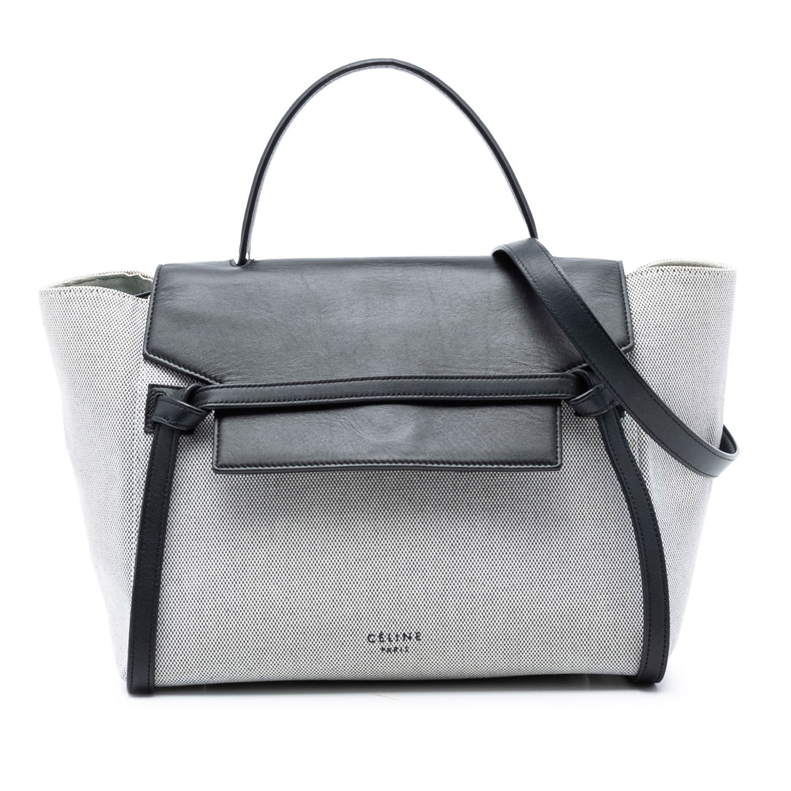 Celine Mini Belt Bag Canvas Satchel with Leather Trim: Celine Mini Belt Bag Canvas Satchel with Leather Trim This Celine Mini Canvas Belt Satchel features a canvas body with leather trim, a flat leather top handle, a front flap with a top zip closure, an