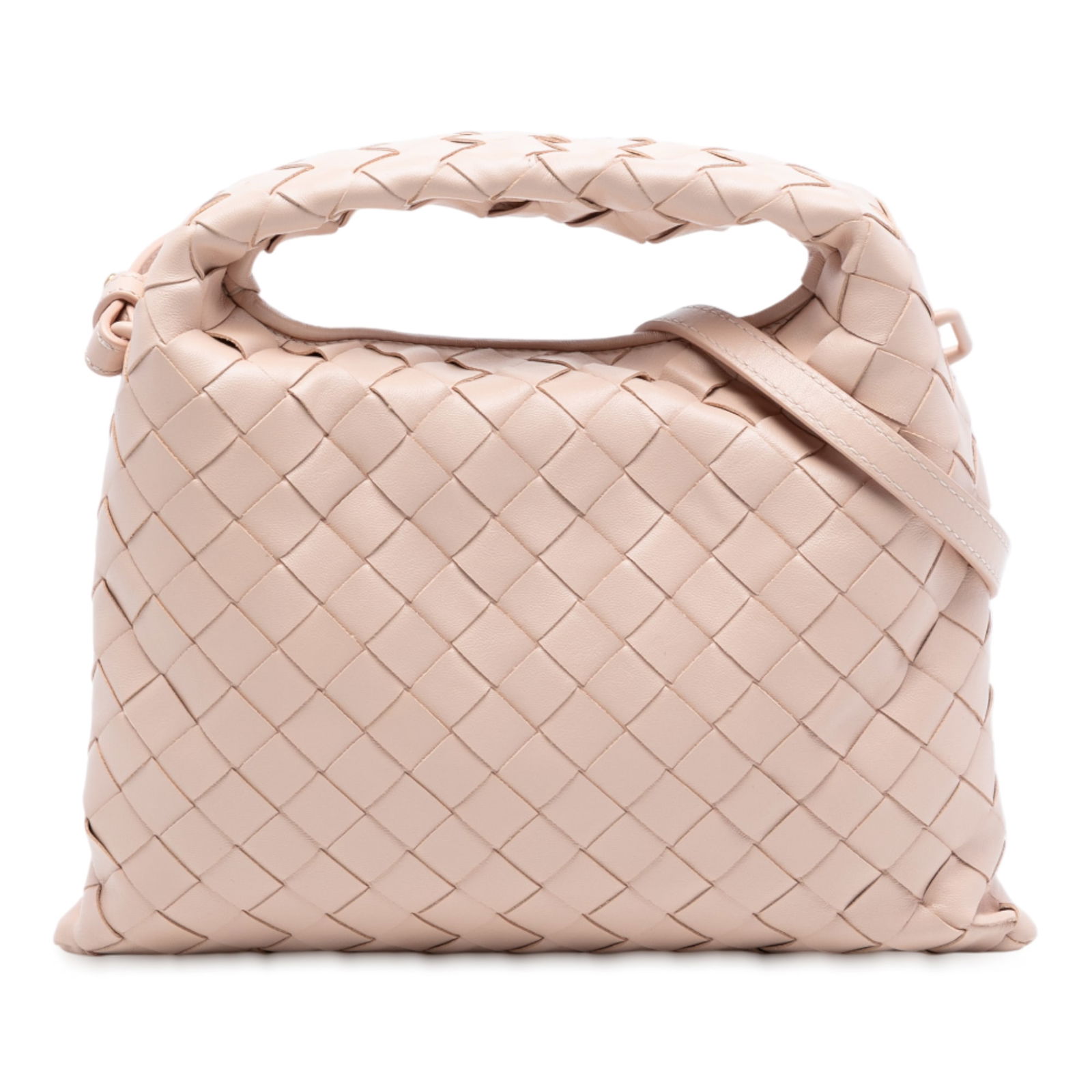 Mini Intrecciato Woven Leather Hop Satchel by Bottega Veneta: Mini Intrecciato Woven Leather Hop Satchel by Bottega Veneta This Bottega Veneta Mini Calfskin Intrecciato Hop Satchel features a signature woven leather body in pink, a woven leather handle, and an a