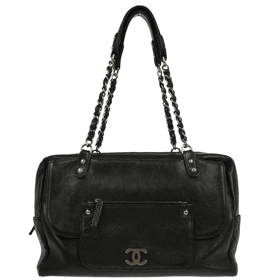 Medium Caviar Leather Satchel from Chanel with Top Handle: Medium Caviar Leather Satchel from Chanel with Top Handle This Chanel handbag features black caviar calfskin leather with a medium-sized satchel or top handle design. The bag offers a structured silho