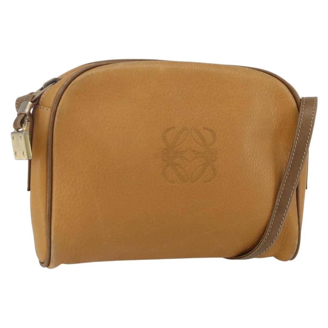 Loewe Beige Leather Anagram Shoulder Bag 20cm by 15cm by 3cm: Loewe Beige Leather Anagram Shoulder Bag 20cm by 15cm by 3cm This Loewe Anagram Shoulder Bag for women features beige leather construction with notable signs of wear including surface deformation, rub