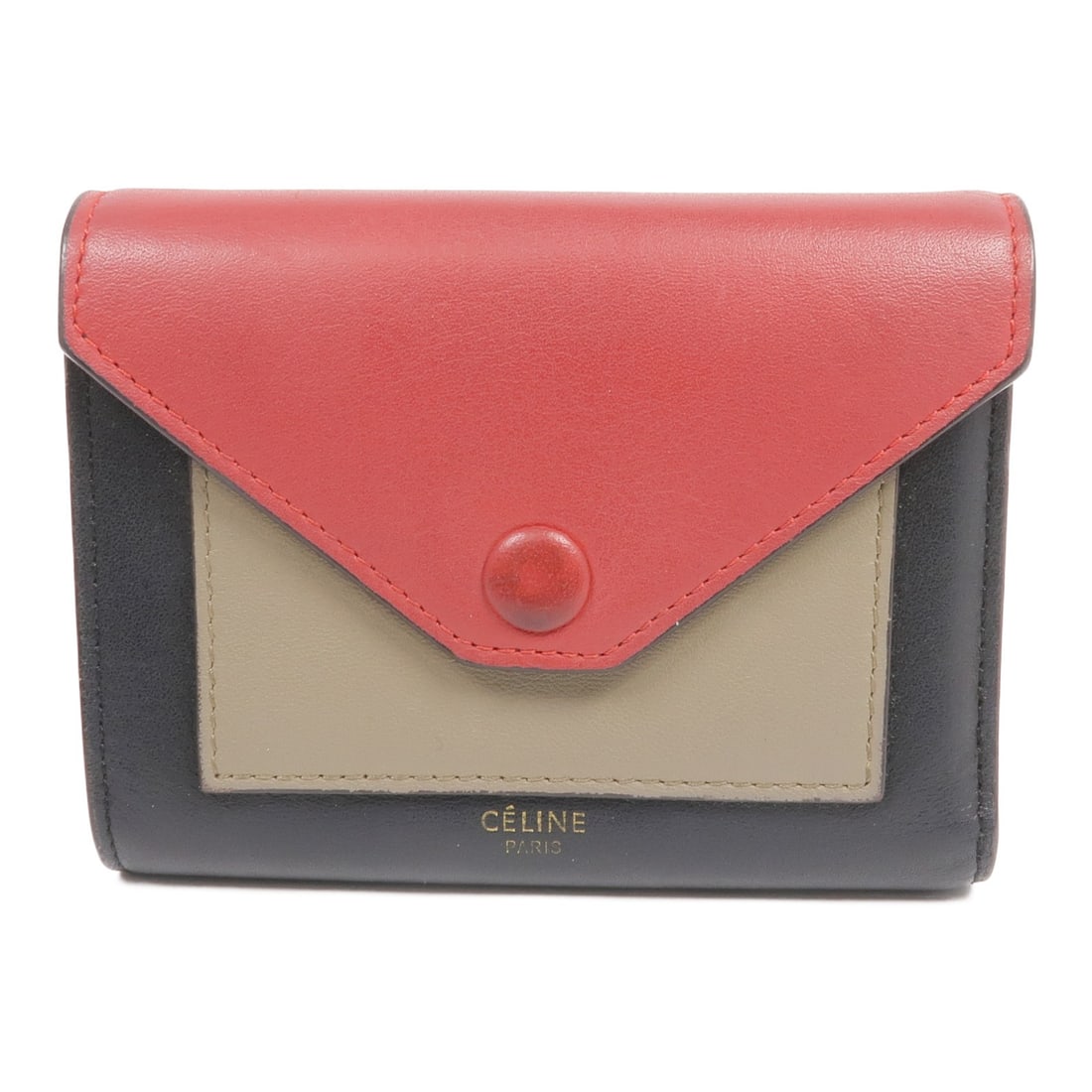 CELINE Trifold Wallet Calfskin Leather Black Red Gray GHW: CELINE Trifold Wallet Calfskin Leather Black Red Gray GHW This stylish CELINE tri-fold wallet is crafted from premium calfskin leather, showcasing a chic black exterior that is accented with red and g