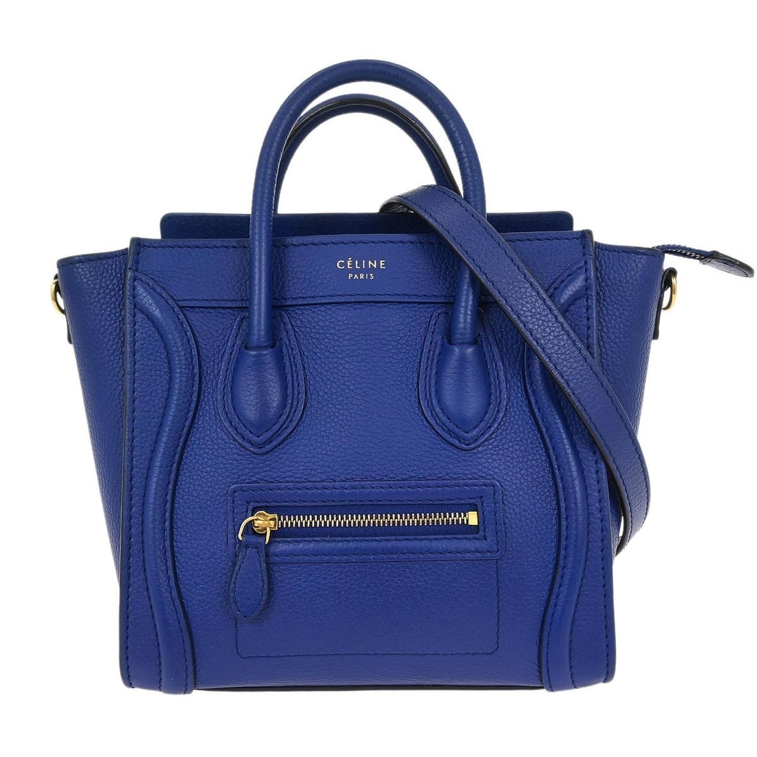 Celine Blue Leather Mini Nano Luggage Tote Bag: Celine Blue Leather Mini Nano Luggage Tote Bag Introducing the Celine Nano Luggage Tote Bag in a stunning blue leather finish. This mini-sized bag features a secure zipper closure and double handles f