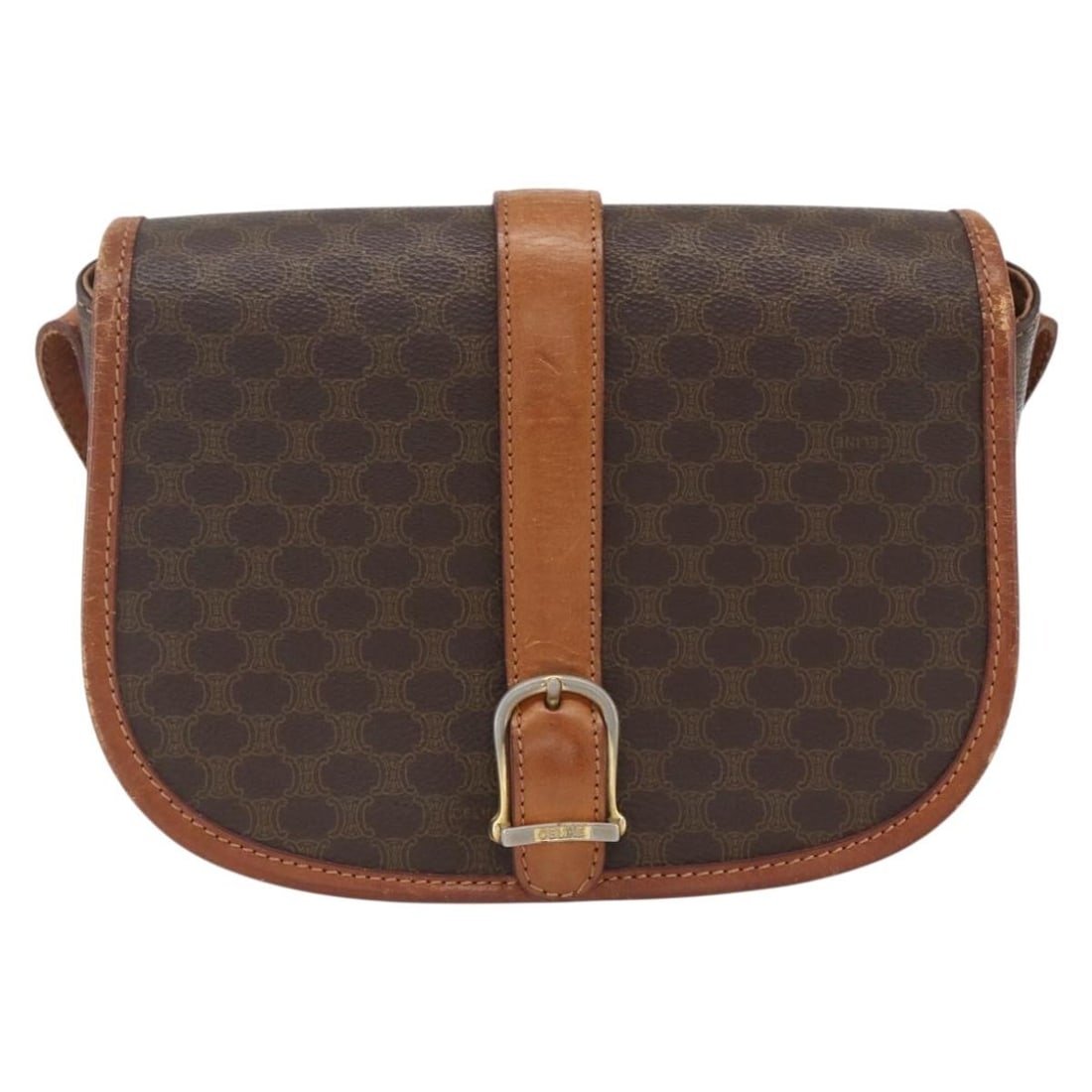 Vintage Macadam Canvas and Leather Shoulder Bag by Celine: Vintage Macadam Canvas and Leather Shoulder Bag by Celine This vintage Celine Macadam shoulder bag features a brown PVC canvas with leather accents. Designed for women, it displays signs of wear inclu