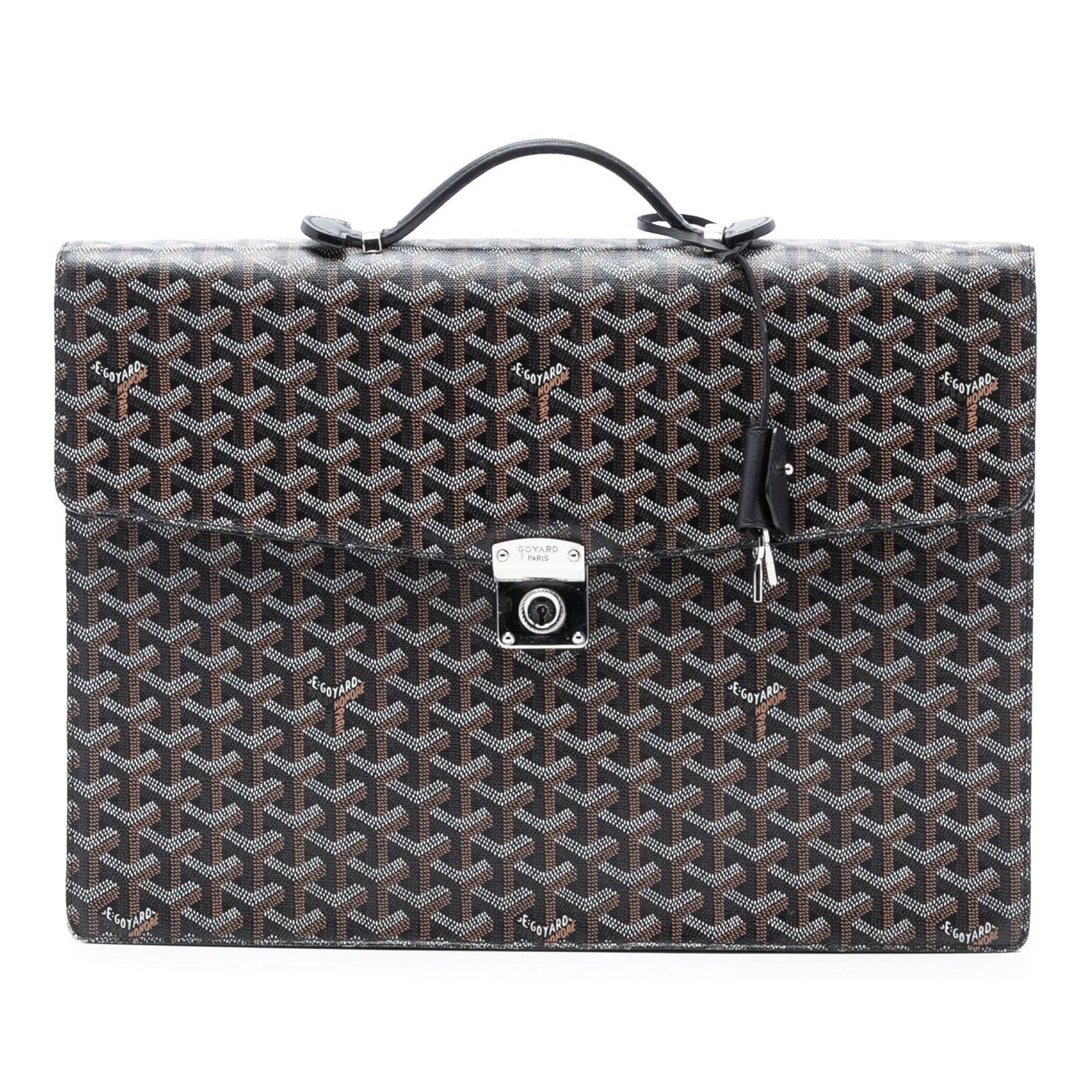 Goyard Goyardine Serviette Chypre Black Coated Canvas Briefcase Bag: Goyard Goyardine Serviette Chypre Black Coated Canvas Briefcase Bag The Goyardine Serviette Chypre is a black bag crafted with a coated canvas body, featuring a flat leather top handle, a flap with me