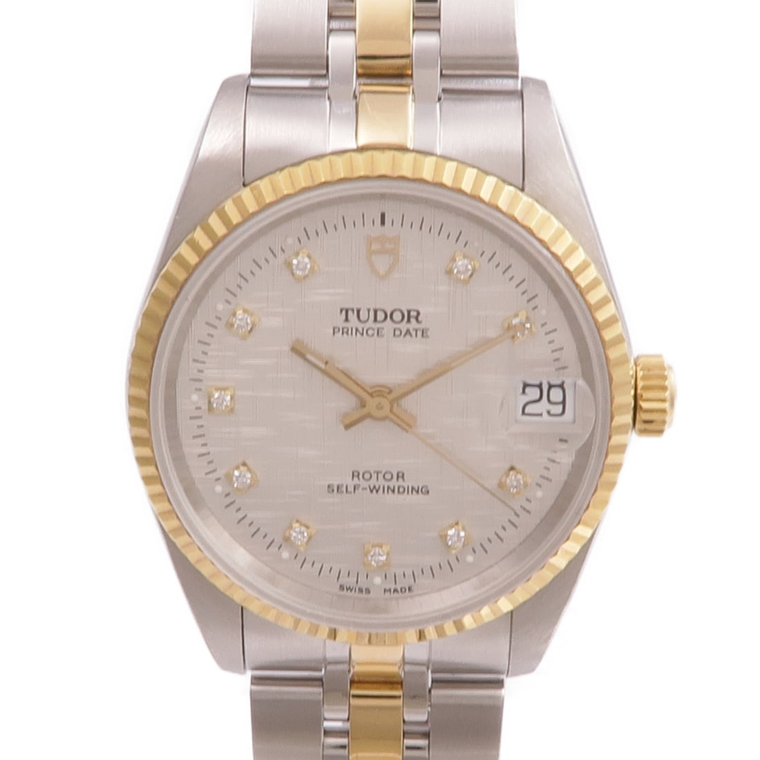 Prince Date Automatic Wristwatch 18K Yellow Gold Steel Silver Dial Ref 74033G: Prince Date Automatic Wristwatch 18K Yellow Gold Steel Silver Dial Ref 74033G This TUDOR Prince Date Diamond Automatic Watch features an elegant silver dial set in a case and band crafted from 18K yel