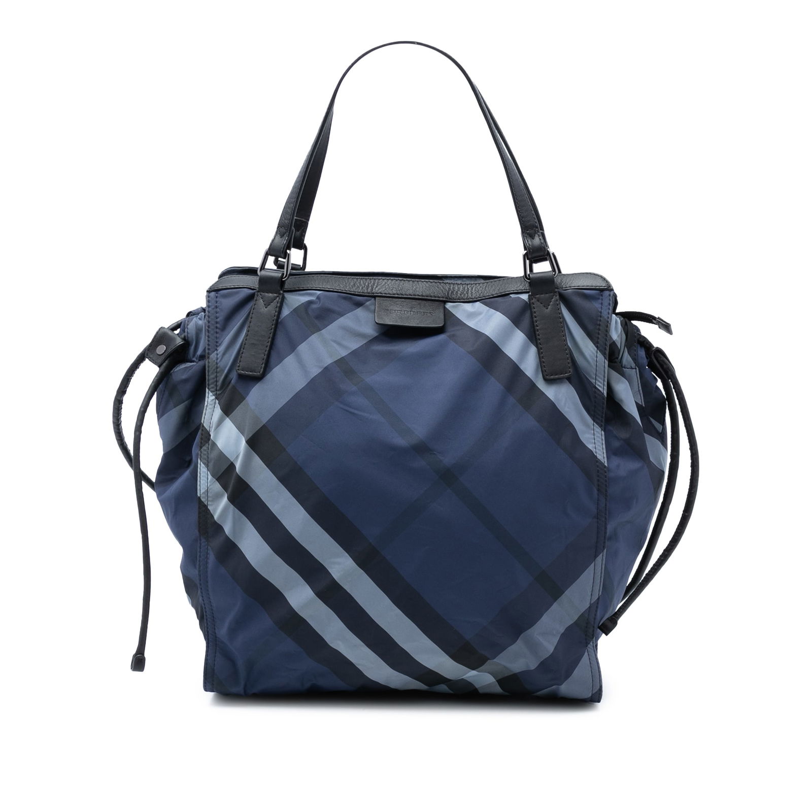 Burberry Buckleigh Blue Supernova Check Nylon Tote with Leather Trim: Burberry Buckleigh Blue Supernova Check Nylon Tote with Leather Trim This Burberry Buckleigh tote features the signature Supernova check printed on a nylon body with leather trim. It is designed with