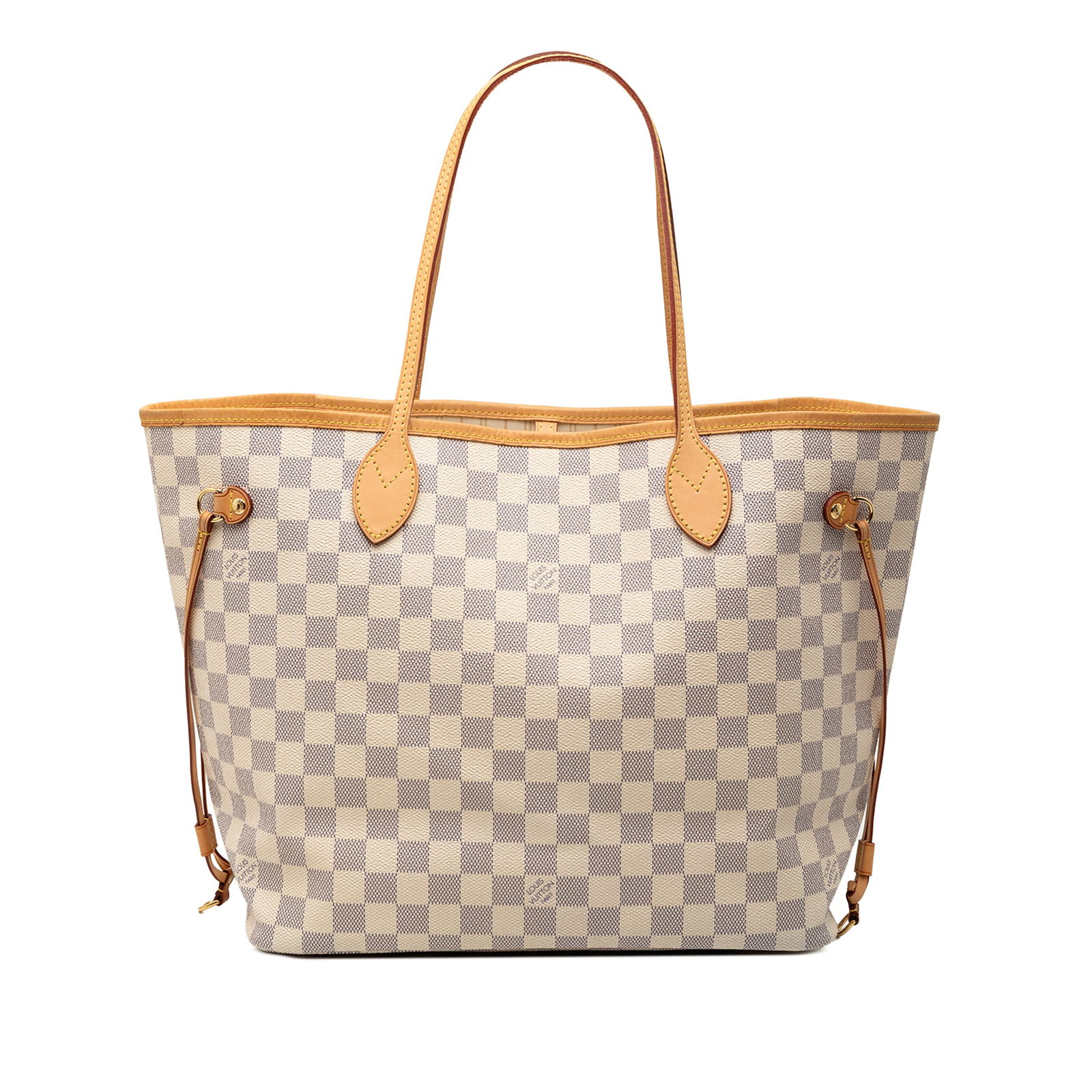 Neverfull MM Tote in Damier Azur Canvas with Vachetta Leather Trim: Neverfull MM Tote in Damier Azur Canvas with Vachetta Leather Trim This Louis Vuitton Damier Azur Neverfull MM features a signature Damier Azur canvas body with vachetta leather trim and flat vachetta